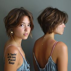 Short Hair Styles Long Bangs, Short Hair Long In Front Short In Back, Shaggy Pixie Back View, Long Pixie Middle Part, Fashionable Short Hair, Long Pixie Haircuts For Women, Famous Women With Short Hair, Textured Bob With Bangs Choppy Layers, Long Pixie Straight Hair