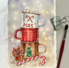 a watercolor painting of two coffee mugs with christmas decorations and candy canes