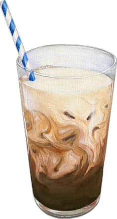 a drawing of a drink with a blue and white striped straw in it