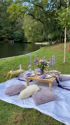 a picnic table set up with purple and white pillows on the grass near a lake