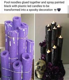 purple candles are stacked on top of each other and decorated with skulls, flowers, and ribbons