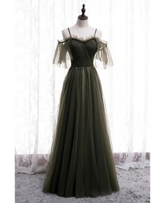 Buy dusty green flowy long tulle prom dress with spaghetti straps at affordable price online. Free shipping and pro custom service since 2009. Earth Tone Dress Prom, Earth Tone Prom Dress, Earthy Prom Dress, Simple Formal Dress, Tulle Party Dress, Green Tulle, Evening Dress Floor Length, A Line Prom Dresses, Pleated Bodice