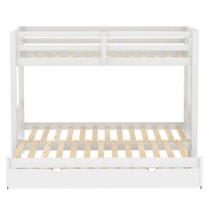 a white bunk bed with wooden slats on the bottom and bottom rails, against a white background