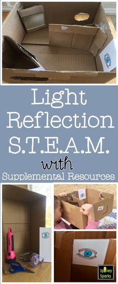 an open box with the words light reflection st i e m, and pictures of items inside