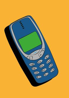 an old blue cell phone with a green screen on the front and back side, against a yellow background