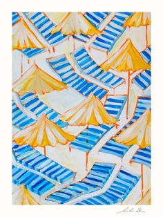 a painting of blue and yellow beach chairs