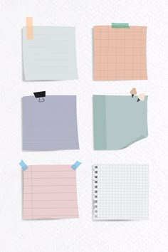 four pieces of paper with sticky notes attached to them, all lined up in different colors