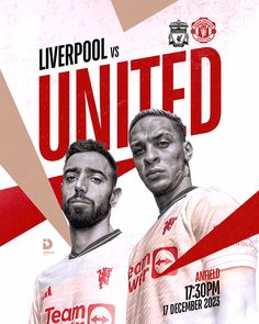 two men standing next to each other in front of a red and white background with the words liverpool united on it