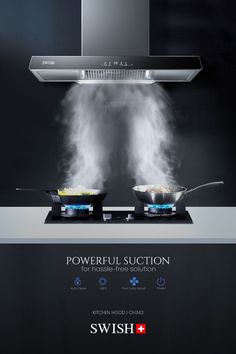 a stove top with steam rising from it's burners and the words, powerful suction for hotplate - free induction