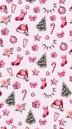 a pink background with christmas decorations and presents