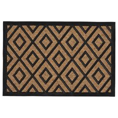 a black and tan door mat with diamond design on the bottom, in front of a white background