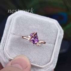 ♠ Item Info: Engagement Ring ✦ Metal: 925 Sterling Silver, 10k/14k/18k Solid Rose/White/Yellow Gold, Platinum ✦ Center Stone: 6x9mm Kite Cut Natural Amethyst ✦ Side Stones: Natural Amethyst and Moissanites ♠Choose platinum or 925 sterling silver if you are allergic to nickel. ♠ Custom order, rush order or payment plan are acceptable. ♠ Processing Time: All items are made to order and handmade, please allow 2-4 weeks for handcrafting after we receive your payment. For special designs, it may take 1 month. ♠ We offer a 30-day warranty on all items. The stones on our shop are incredibly strong and sturdy. Please refer to FAQ on the shop or feel free to contact us if any questions. To see more beautiful rings, please visit our shop: https://www.etsy.com/shop/nestwork Luxury Unique Amethyst Promise Ring, Kite Cut Engagement Ring, Engagement Ring Vintage Unique, Wedding Ring Women, Amethyst Engagement Ring, Vintage Engagement Rings Unique, Engagement Ring Vintage, Payment Plan, Engagement Ring Cuts