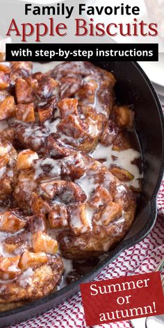 an apple biscuit in a cast iron skillet on a red and white checkered tablecloth