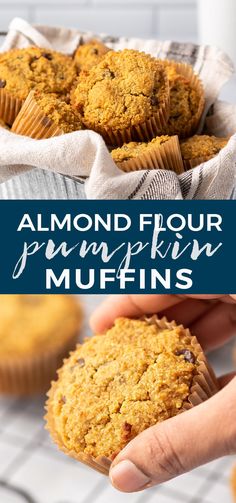 a person holding a muffin in their hand with the words almond flour pumpkin muffins above it