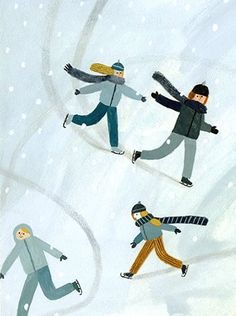 four people are skiing in the snow with one person holding ski poles and wearing winter clothes