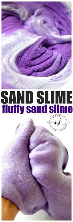 sand slime that is purple and white with the words, how to make it