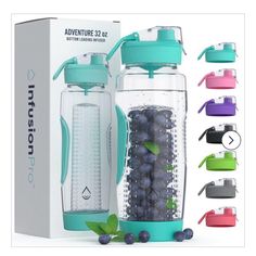 the adventure water bottle is filled with berries and blueberries