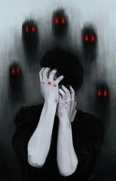 a painting of a woman covering her face with both hands, in front of red lights