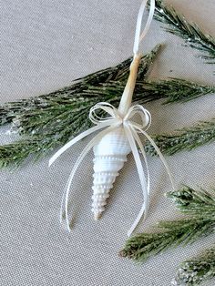 an ornament made out of seashells and pine needles