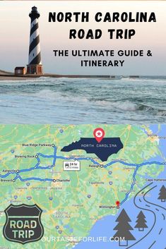 the north carolina road trip map and it's location in front of a lighthouse