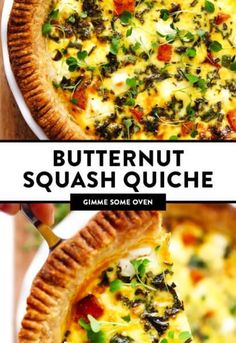 a close up of a pie on a plate with the text butternut squash quiche