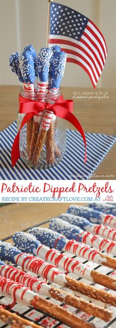 patriotic dipped pretzels in a glass jar with red, white and blue decorations