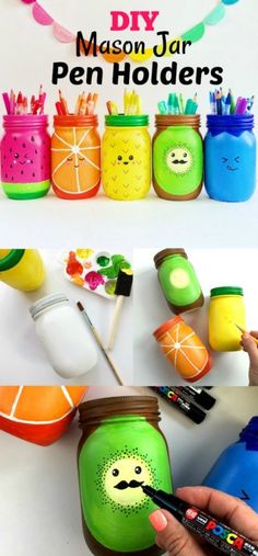 the mason jar pen holders are painted with different colors and designs, including smiley faces