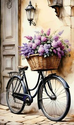 a painting of a bicycle with flowers in the basket