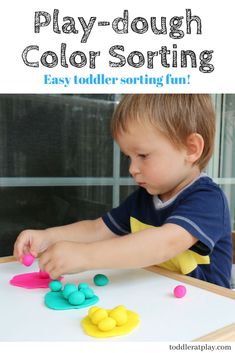 a young boy playing with play dough color sorting activity for toddlers and preschoolers