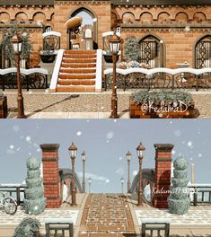 two different views of a building with snow falling on the ground and steps leading up to it