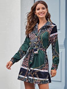 Versace Dress Casual, Summer Dress Outfits Classy, Belted Scarf, Womens Winter Dresses, Print Shirt Dress, Beautiful Summer Dresses, Versace Dress, Short Shirt, Long Sleeve Sweater Dress