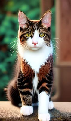 a cat sitting on top of a table next to a green bush in the background