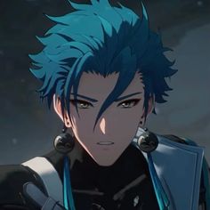 an anime character with blue hair wearing armor