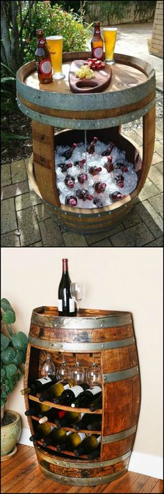 an old barrel turned into a wine cooler