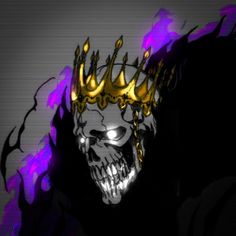 a skull wearing a crown with flames in the background