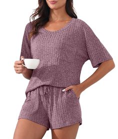 PRICES MAY VARY. Material: Our women's pajama sets are made of comfy and breathable fabric, the 2 piece lounge set provides an exceptional level of comfort. It ensures you all night comfort,helping you have a good sleep Features: The short sleeve lounge set for women is the perfect look with a chest pocket and a crew neck top. Besides，pockets on either side of the shorts make it easy to store small items Feelings: This soft women's pajama set is a great choice for lounging around the house or ha Comfortable Leisure Pajama Shorts, Cozy Cotton Sleepwear For Leisure, Comfortable Pajama Shorts For Pajama Party, Comfortable Short Sleeve Sleepwear For Leisure, Relaxed Fit Short Sleepwear For Leisure, Comfortable Pajama Shorts For Loungewear, Comfortable Loungewear Pajama Shorts, Cozy Relaxed Pajama Shorts For Leisure, Cozy Relaxed Fit Pajama Shorts For Leisure