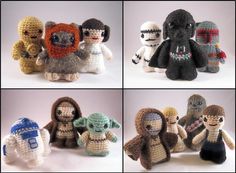 crocheted star wars characters are shown in four different pictures, each with an ornament