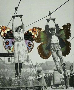 an old photo of two people with butterfly wings on their shoulders, one holding the strings above his head