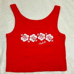 Brand New, Had The Tags On But They Fell Off It’s A Large But Fits A Medium Fitted Red Tank Top For Vacation, Red Hibiscus Print Top For Summer, Red Fitted Tank Top For Vacation, Red Beach Tops For Beach Season, Casual Red Tank Top For Vacation, Red Sleeveless Tops For Beach Season, Fitted Red Crop Top For Vacation, Red Hibiscus Print Tops For Beach, Red Sleeveless Crop Top For Beach