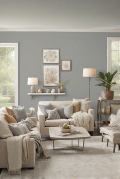 a living room with couches, chairs and lamps on the side tables in front of two windows