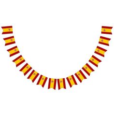 a red and yellow striped necklace with two rows of flags hanging from it's sides