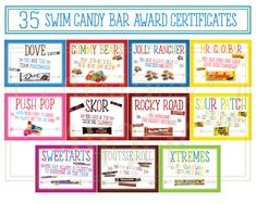 some candy bar reward cards with the words, sweets and candy bars on them in different colors