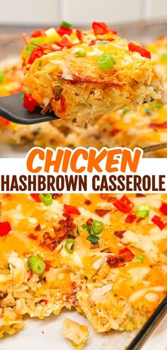 chicken hashbrown casserole on a spatula with the words chicken hashbrown casserole above it