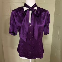 Nwt, Satin Button-Up Blouse With Neck Tie/Bow Detail. Purple In Color. Classic Style. Satin Button Up, Tie Bow, Bow Detail, Color Purple, Neck Tie, Banana Republic, Classic Style, Button Up, Top Blouse