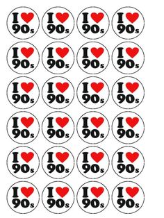 the i love 90 and 90 stickers are shown in black, red, and white