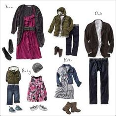 an assortment of clothes and shoes are arranged on a white background, including jacket, sweater, dress, hat, booties