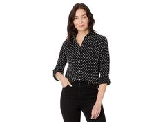 Tommy Hilfiger Conga Clip Roll Tab - Women's Clothing : Black/Ivory : Look sleek and sophisticated wearing the Tommy Hilfiger Conga Clip Roll Tab Shirt on casual or formal occasions. The shirt features the classic collared neck, full front-button closure, long sleeves with roll tabs, and a shirttail hem. The allover scattered pattern on the shirt gives it an exquisite touch. 100% polyester. Machine wash, tumble dry. Imported. Measurements: Length: 25 1 4 in Sleeve Length: 33 1 4 in Product measurements were taken using size XS (US 0-2). Please note that measurements may vary by size. Clothing Black, Tommy Hilfiger Women, Product Reviews, Formal Occasion, Tommy Hilfiger, Women's Clothing, Sleek, Long Sleeves, Sleeve Length