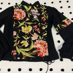 The Embroidery & Detail On This Top Is Gorgeous! Fitted Long Sleeve Top With Embroidered Sleeves, Fitted Embroidered Top With Long Sleeves, Fitted Long Sleeve Tops With Floral Embroidery, Fall Embroidered Sleeve Fitted Tops, Casual Long Sleeve Top With Contrast Embroidery, Fitted Spring Top With Embroidered Hem, Fitted Long Sleeve Blouse With Floral Embroidery, Black Embroidered Stretch Tops, Black Tops With Embroidered Sleeves For Fall