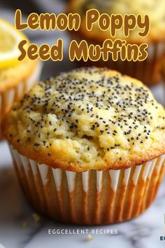 lemon poppy seed muffins with sprinkles on top and the title overlay reads, lemon poppy seed muffins