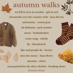 an autumn walk is shown with the names in english and spanish, including socks, sweaters, mittens